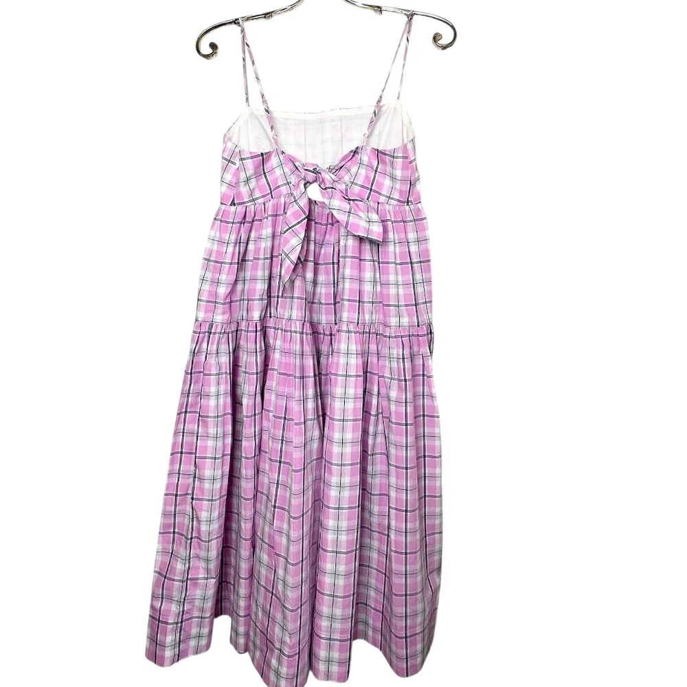 J Crew Tie Back Tiered Poplin Dress Violet/Pink Plaid Size 6